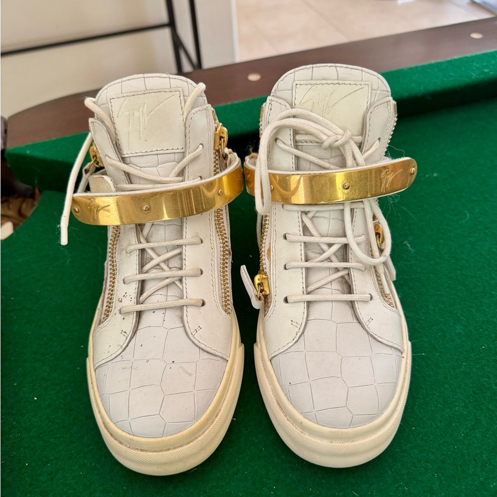 White and Gold High-Top Sneakers